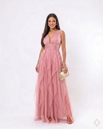 VESTIDO LONGO DE TULE ALÇA LARGA CAMADAS