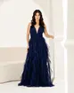 VESTIDO LONGO TULE CASCASTA DECOTE V ALÇA FINA