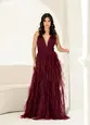 VESTIDO LONGO TULE CASCASTA DECOTE V ALÇA FINA