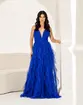 VESTIDO LONGO TULE CASCASTA DECOTE V ALÇA FINA