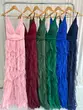 VESTIDO LONGO TULE CASCASTA DECOTE V ALÇA FINA