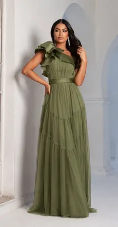 VESTIDO LONGO TULE BABADO CETIM OMBRO