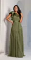 VESTIDO LONGO TULE BABADO CETIM OMBRO