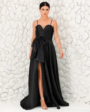 VESTIDO LONGO ZIBELINE ALÇA FINA FENDA LAÇO NA CINTURA