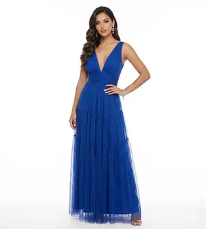 VESTIDO LONGO TULE ALÇA GROSSA DECOTE V RECORTE SAIA