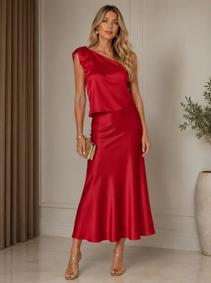 CONJUNTO CROPPED UM OMBRO LAÇO SAIA MIDI CETIM