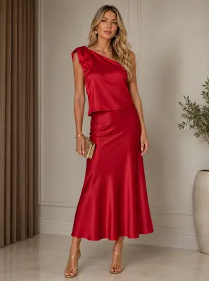 CONJUNTO CROPPED UM OMBRO LAÇO SAIA MIDI CETIM