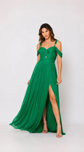 VESTIDO LONGO LUREZ ALÇA GROSSA BUSTO DRAPEADO