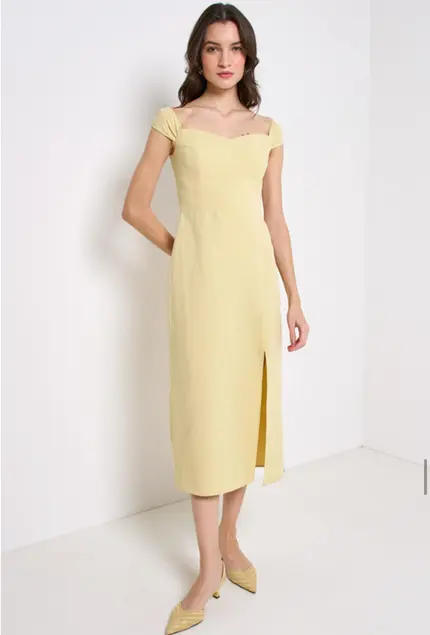 VESTIDO MIDI COM DECOTE OMBRO A OMBRO EM VISCOSE