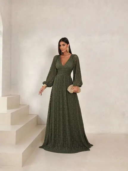 VESTIDO LONGO MANGA LONGA PLISSADO RENDA DECOTE V