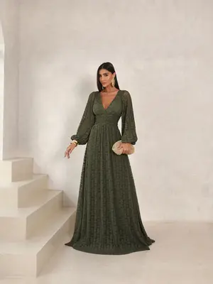 VESTIDO LONGO MANGA LONGA PLISSADO RENDA DECOTE V