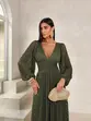 VESTIDO LONGO MANGA LONGA PLISSADO RENDA DECOTE V