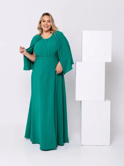 VESTIDO LONGO ALÇA FINA COM CAPA E FENDA