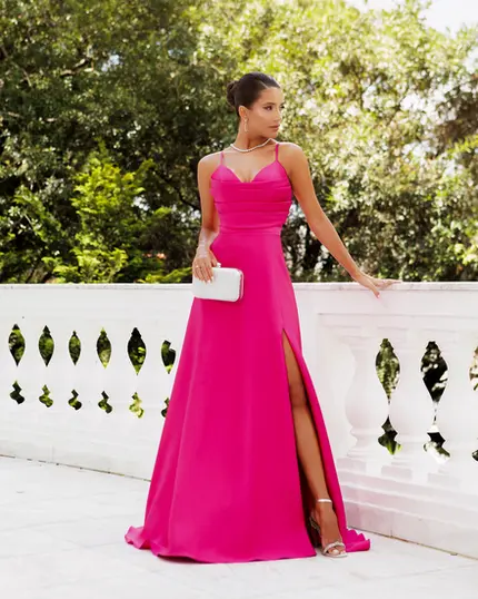 VESTIDO LONGO ZIBELINE ALÇA FINA DRAPEADO C/ FENDA