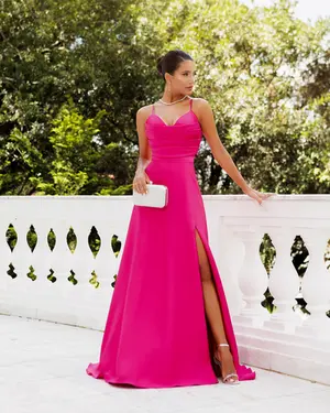 VESTIDO LONGO ZIBELINE ALÇA FINA DRAPEADO C/ FENDA
