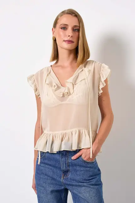 BLUSA COM BABADO E DECOTE V EM CHIFFON