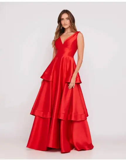 VESTIDO LONGO ZIBELINE DECOTE V CAMADAS