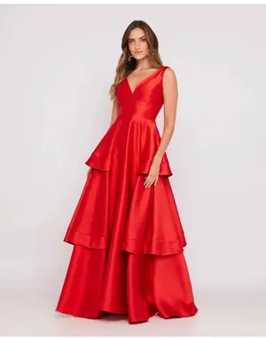 VESTIDO LONGO ZIBELINE DECOTE V CAMADAS