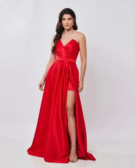 VESTIDO LONGO CETIM TOMARA QUE CAIA DECOTE V SAIA CURTA