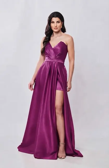 VESTIDO LONGO CETIM TOMARA QUE CAIA DECOTE V SAIA CURTA