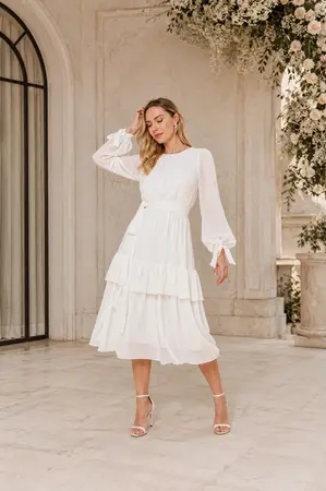 VESTIDO MIDI MANGA LONGA CREPE SAIA BABADOS