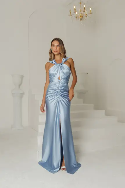 VESTIDO LONGO MALHA DRAPEADO NA FRENTE ALÇA GROSSA C/ FENDA