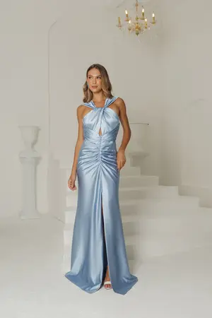 VESTIDO LONGO MALHA DRAPEADO NA FRENTE ALÇA GROSSA C/ FENDA