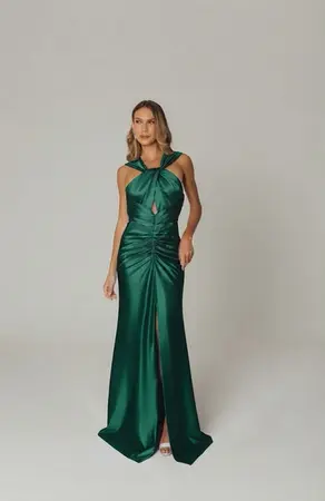 VESTIDO LONGO MALHA DRAPEADO NA FRENTE ALÇA GROSSA C/ FENDA