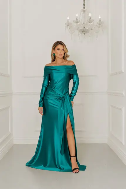 VESTIDO LONGO MALHA MANGA LONGA OMBRO A OMBRO COM AMARRAÇÃO NA FRENTE