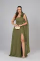 VESTIDO LONGO CREPE UM OMBRO SO COM FLOR NO OMBRO E CAPA COM FENDA