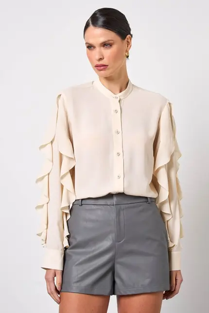 BLUSA DE MANGA LONGA COM BABADO EM CREPE MUSSELINE