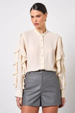 BLUSA DE MANGA LONGA COM BABADO EM CREPE MUSSELINE