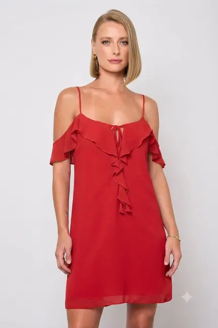 VESTIDO CURTO COM DETALHE NO OMBRO EM CHIFFON SILK TOUCH