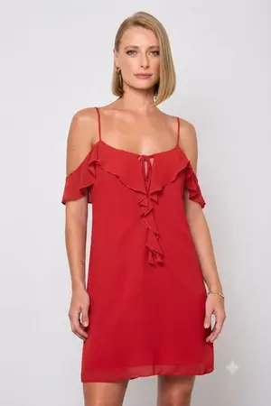 VESTIDO CURTO COM DETALHE NO OMBRO EM CHIFFON SILK TOUCH