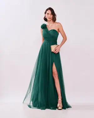VESTIDO LONGO TULE UM OMBRO COM FLOR N0 OMBRO