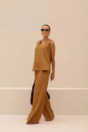 CONJUNTO ALFAIATARIA CREPE CALÇA COS TRANSPASSADO REGATA BOTÃO