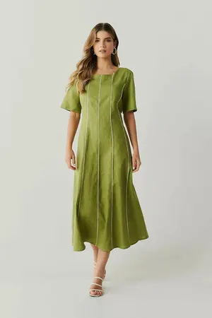 VESTIDO MIDI LINHO  RECORTES COM VIVO