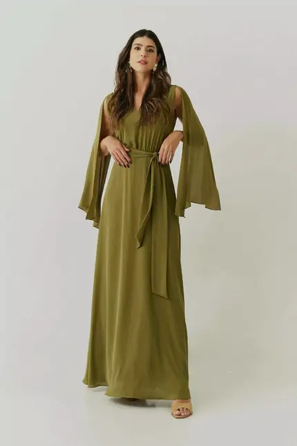 VESTIDO LONGO CREPE DECOTE V OMBRO FRANZIDO CAPA