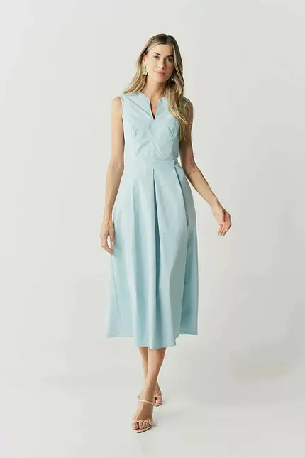 VESTIDO MIDI DECOTE V TRICOLINE PREGAS