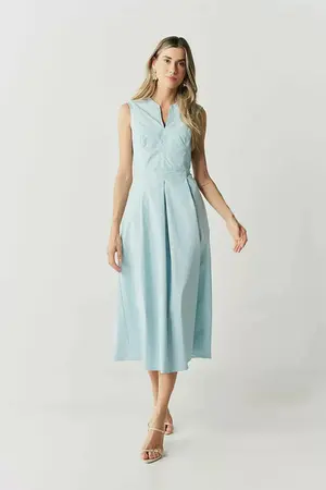 VESTIDO MIDI DECOTE V TRICOLINE PREGAS