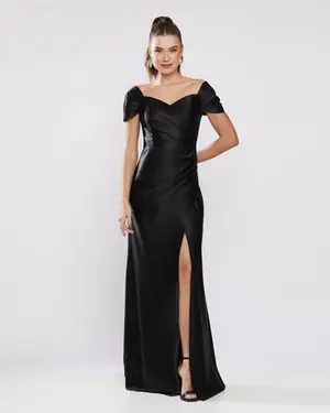 VESTIDO LONGO CETIM OMBRO A OMBRO C/ FENDA