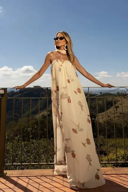 VESTIDO LONDO CHIFFON ESTAMPADO FLORAL TOMARA QUE CAIA C/FAIXA