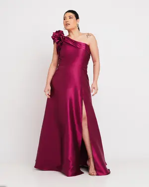 VESTIDO LONGO ZIBELINE COM FENDA UM OMBRO SÓ FLOR