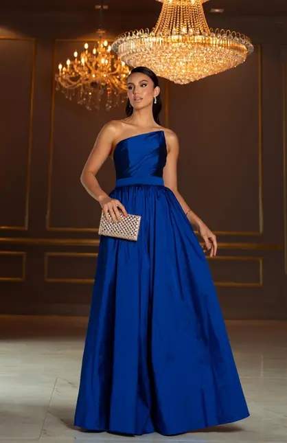 VESTIDO LONGO TAFETA UM TOMARA QUE CAIA ASSIMÉTRICO