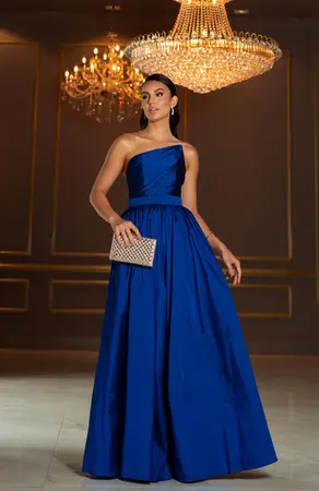 VESTIDO LONGO TAFETA UM TOMARA QUE CAIA ASSIMÉTRICO