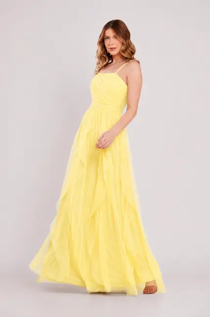 VESTIDO LONGO TULE ALÇA FINA SAIA CAMADAS