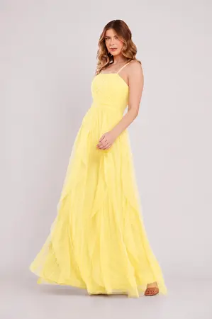 VESTIDO LONGO TULE ALÇA FINA SAIA CAMADAS