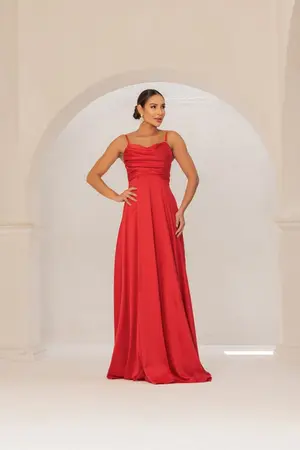 VESTIDO LONGO ALÇA FINA BUSTO DRAPEADO SAIA CURTA