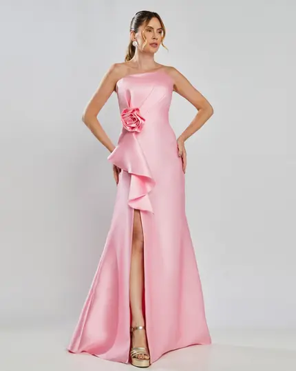 VESTIDO LONGO ZIBELINE TOMARA QUE CAIA BABADO COM FLOR