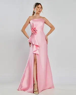 VESTIDO LONGO ZIBELINE TOMARA QUE CAIA BABADO COM FLOR